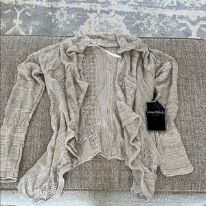 Love Stitch Beige Open-Front Knit Cardigan with Lace Detail